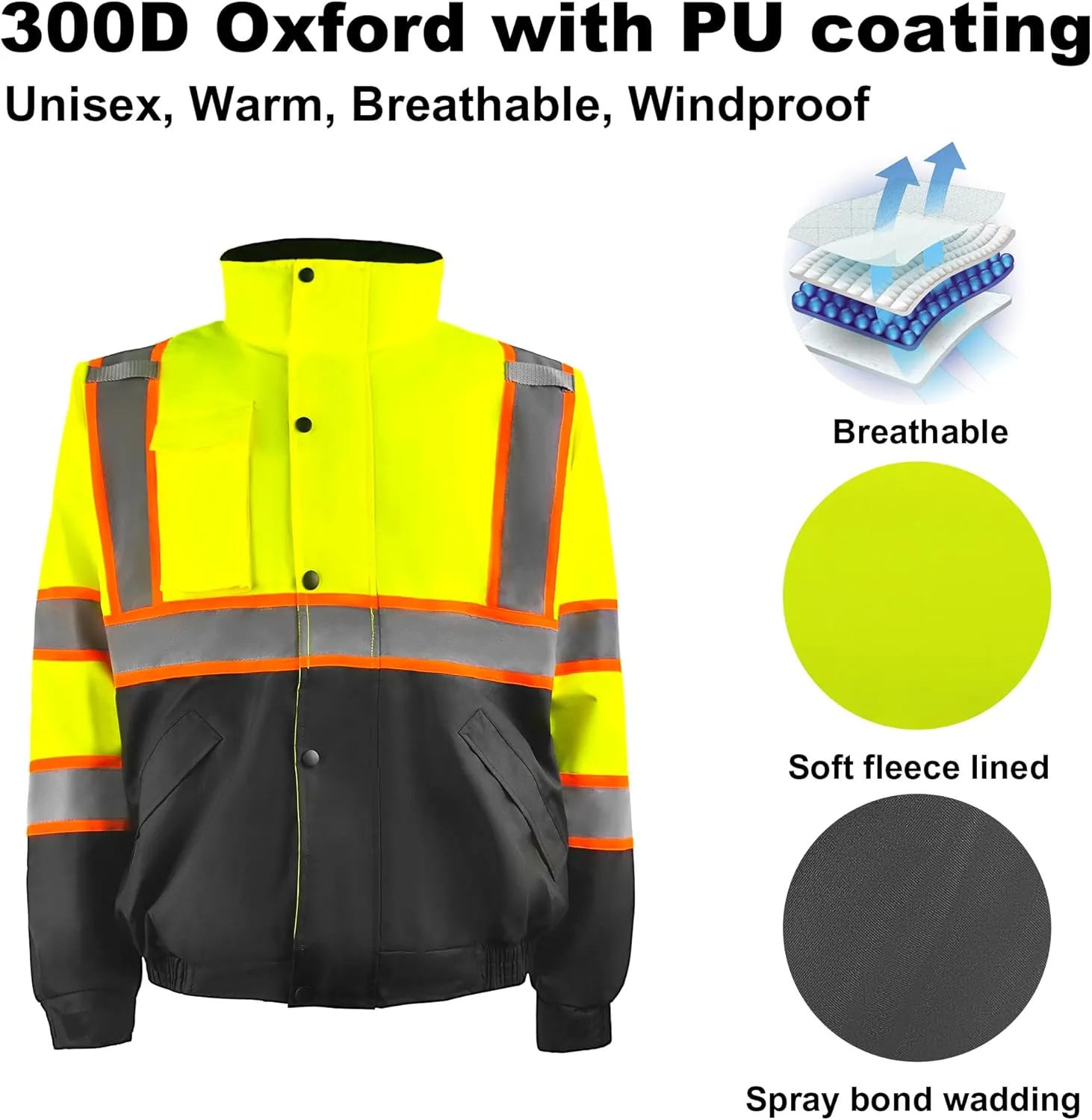 Safety Bomber Jackets for Men, High Visibility Reflective Jacket Fleece Liner Jacket with Pockets,Winter ANSI/ISEA