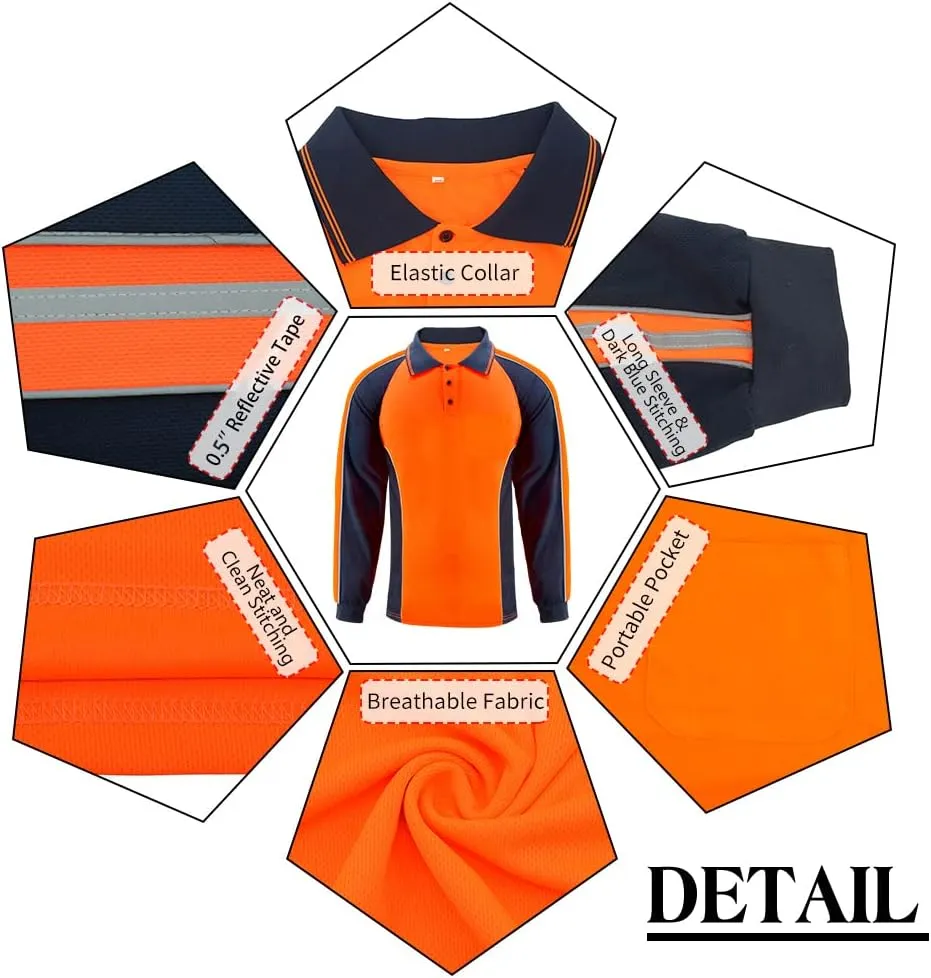 Safety Shirt High Visibility Short Long Sleeve Reflective Polo Shirts, Work T Shirts for Men Construction
