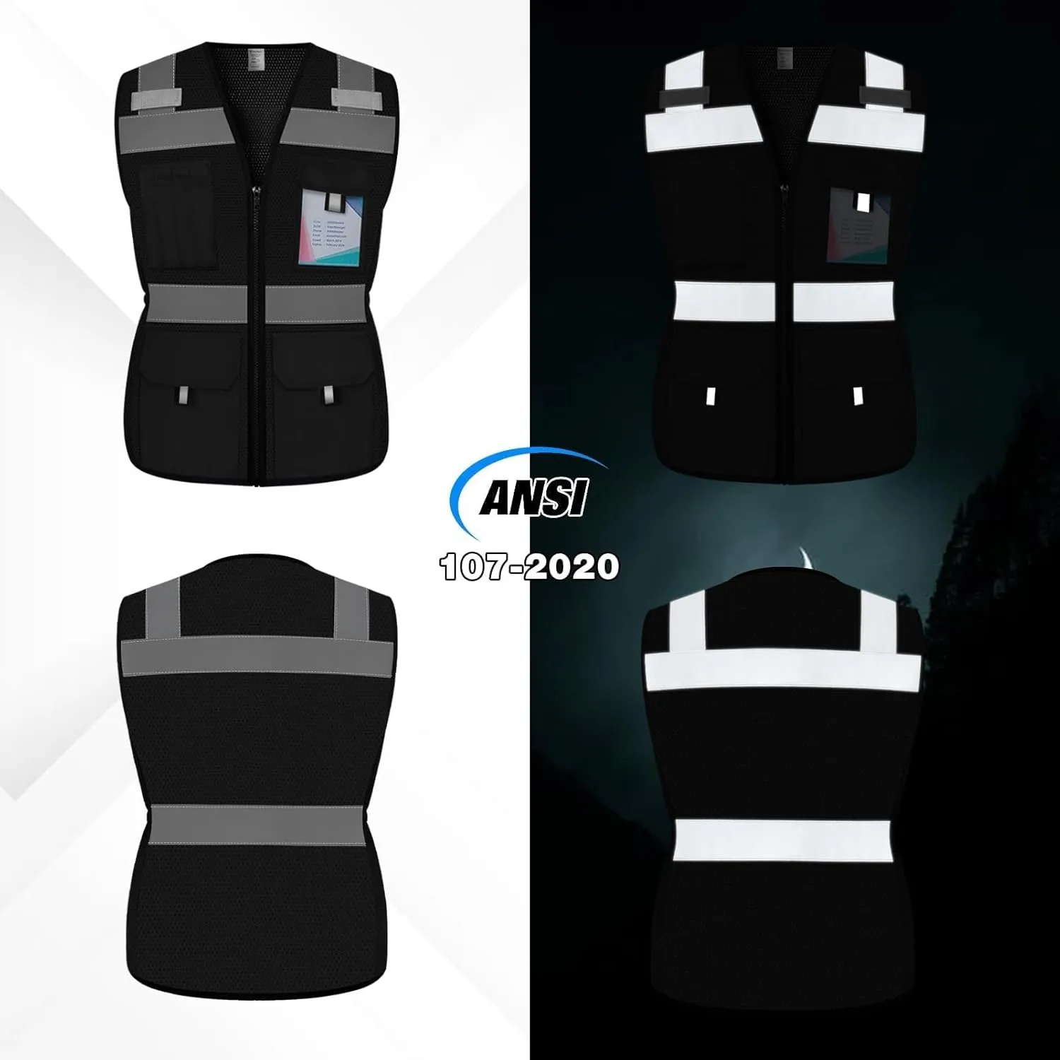 Safety Vest for Women with 11 Pockets and Zipper, Mesh High Visibility Reflective Work Vest for Lady Surveyors/Workers/Drivers, Snug & Comfortable Fit, ANSI Compliant, (U-Black, S)