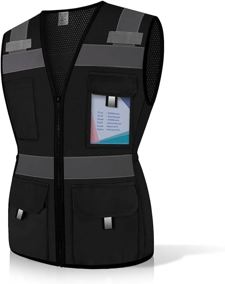 Safety Vest for Women with 11 Pockets and Zipper, Mesh High Visibility Reflective Work Vest for Lady Surveyors/Workers/Drivers, Snug & Comfortable Fit, ANSI Compliant, (U-Black, S)