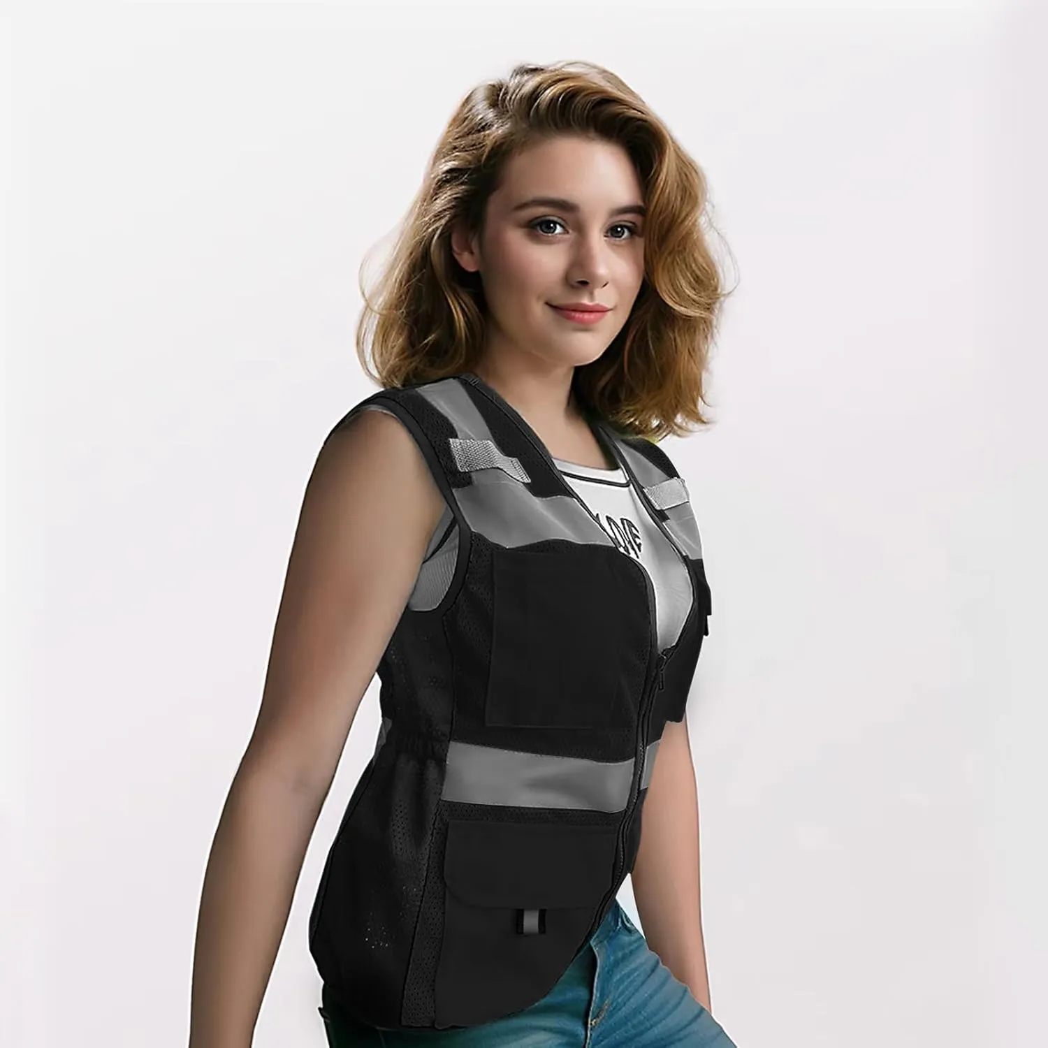Safety Vest for Women with 11 Pockets and Zipper, Mesh High Visibility Reflective Work Vest for Lady Surveyors/Workers/Drivers, Snug & Comfortable Fit, ANSI Compliant, (U-Black, S)
