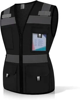 Safety Vest for Women with 11 Pockets and Zipper, Mesh High Visibility Reflective Work Vest for Lady Surveyors/Workers/Drivers, Snug & Comfortable Fit, ANSI Compliant, (U-Black, S)
