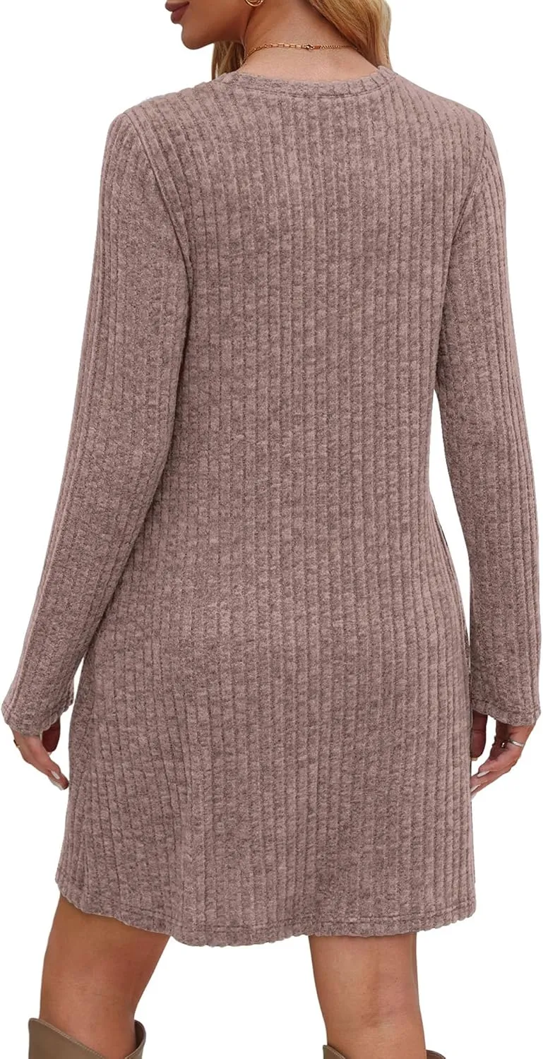 Saloogoe Long Sleeve Dress for Women Tunic Sweater Dresses with Pockets Fashion 2024 Buttons Side