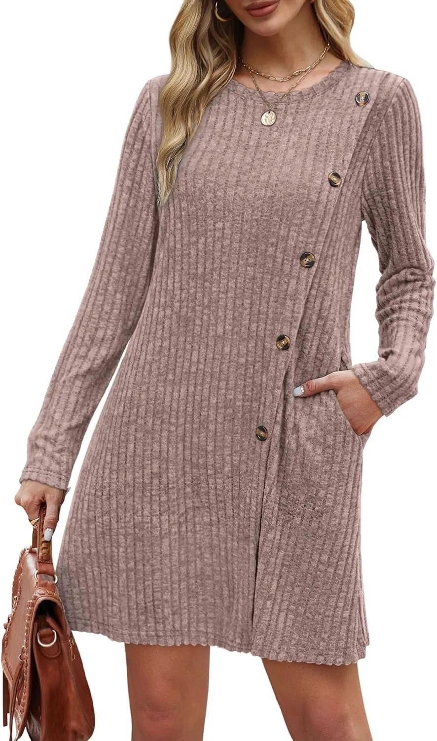 Saloogoe Long Sleeve Dress for Women Tunic Sweater Dresses with Pockets Fashion 2024 Buttons Side