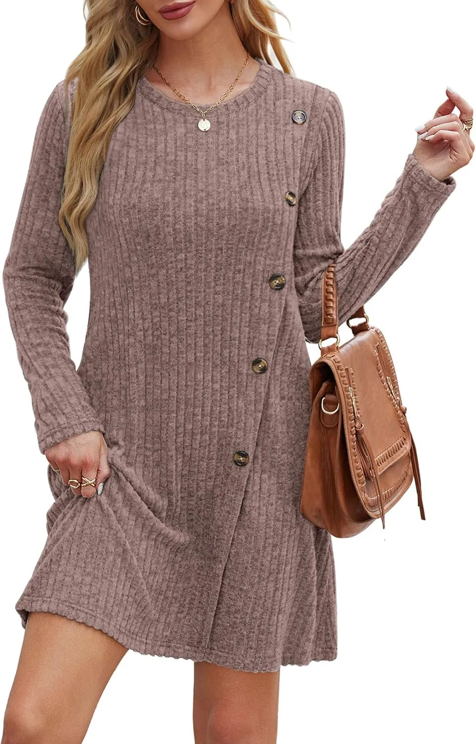 Saloogoe Long Sleeve Dress for Women Tunic Sweater Dresses with Pockets Fashion 2024 Buttons Side