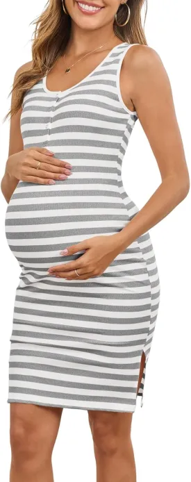 Sleeveless Maternity Nursing Dress Button Knit Split Bodycon Breastfeeding Baby Shower Dresses