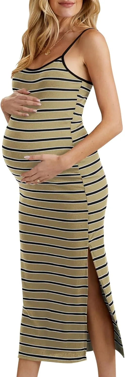 Split Maternity Dress Knit Sleeveless Bodycon Midi Dress for Baby Shower/Photoshoot