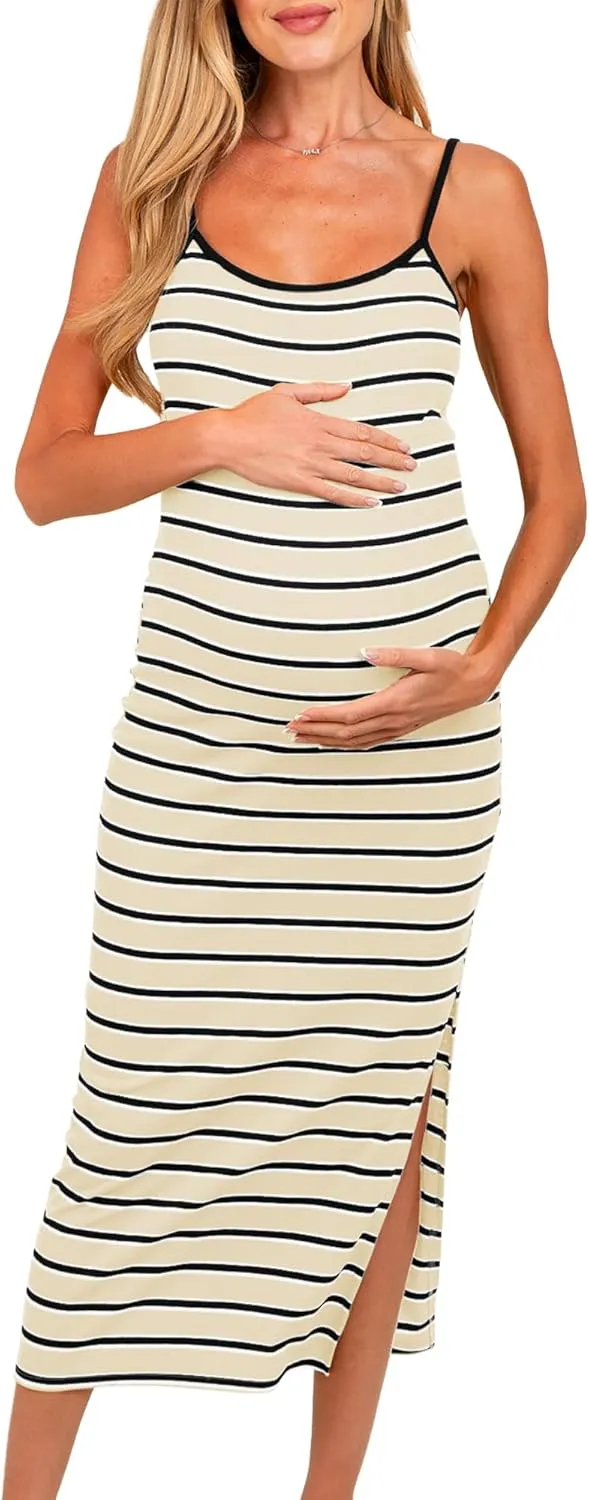 Split Maternity Dress Knit Sleeveless Bodycon Midi Dress for Baby Shower/Photoshoot