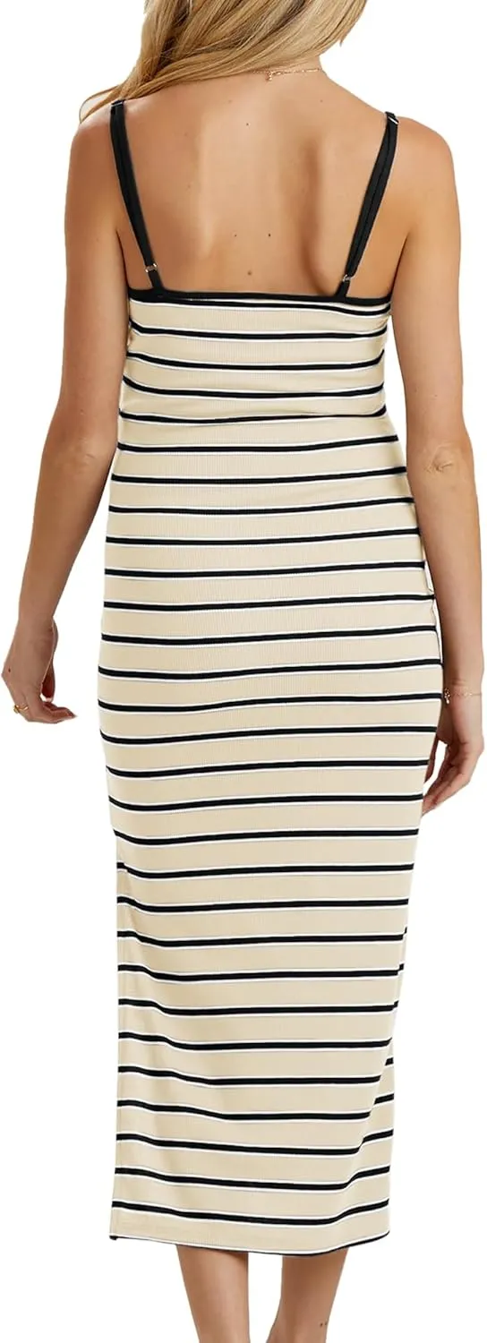 Split Maternity Dress Knit Sleeveless Bodycon Midi Dress for Baby Shower/Photoshoot