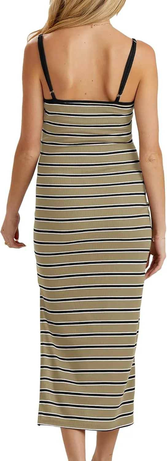 Split Maternity Dress Knit Sleeveless Bodycon Midi Dress for Baby Shower/Photoshoot