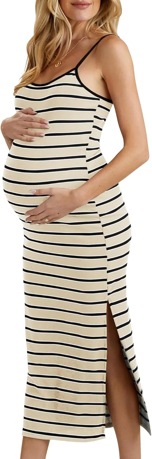 Split Maternity Dress Knit Sleeveless Bodycon Midi Dress for Baby Shower/Photoshoot