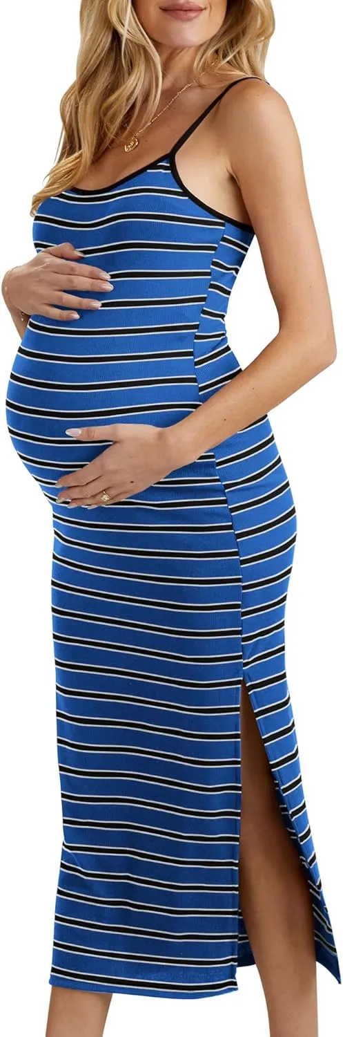 Split Maternity Dress Knit Sleeveless Bodycon Midi Dress for Baby Shower/Photoshoot