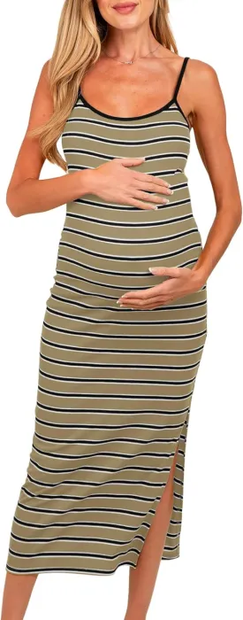 Split Maternity Dress Knit Sleeveless Bodycon Midi Dress for Baby Shower/Photoshoot