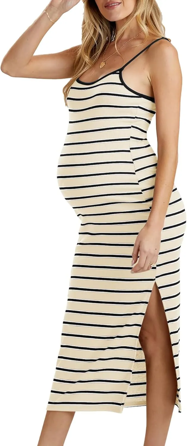 Split Maternity Dress Knit Sleeveless Bodycon Midi Dress for Baby Shower/Photoshoot