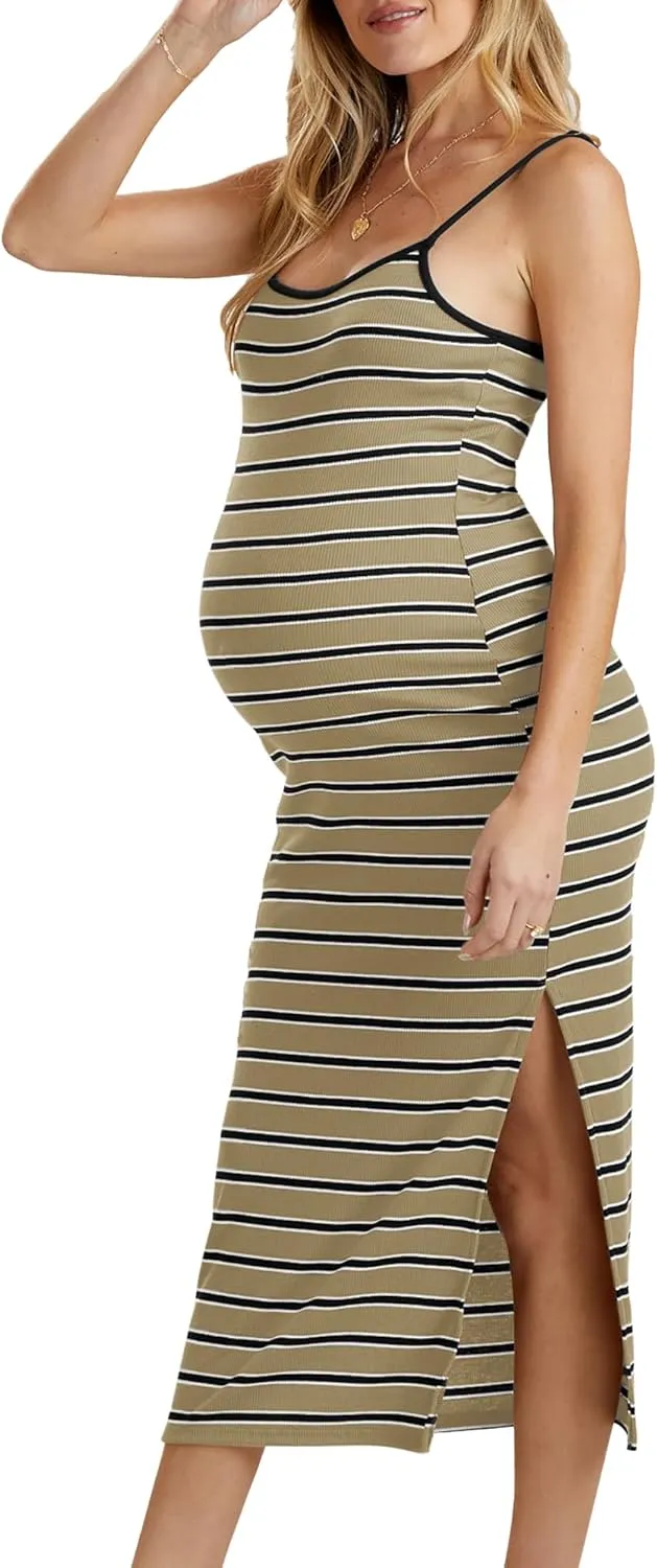 Split Maternity Dress Knit Sleeveless Bodycon Midi Dress for Baby Shower/Photoshoot