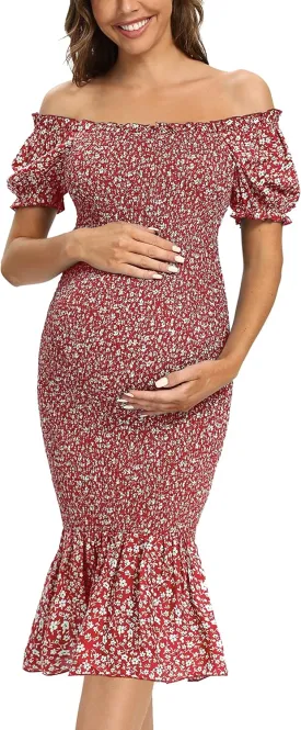Summer Floral Midi Bodycon Maternity Dresses, Short Puff Sleeve Square Neck Ruffle Hem Mermaid Baby Shower Dress