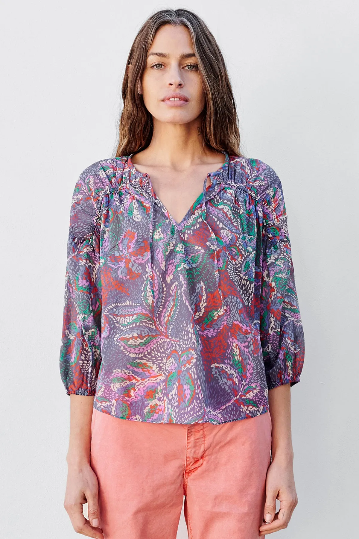 Sundry 3/4 Sleeve V-Neck Blouse In Seurat Floral