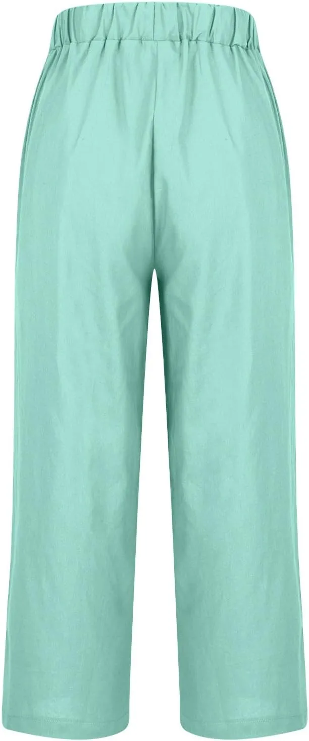 TANGNADE Women's Summer Pants Casual Cotton Linen Wide Leg Cropped Palazzo Pant Loose Elastic Waist Beach Outfits Trendy