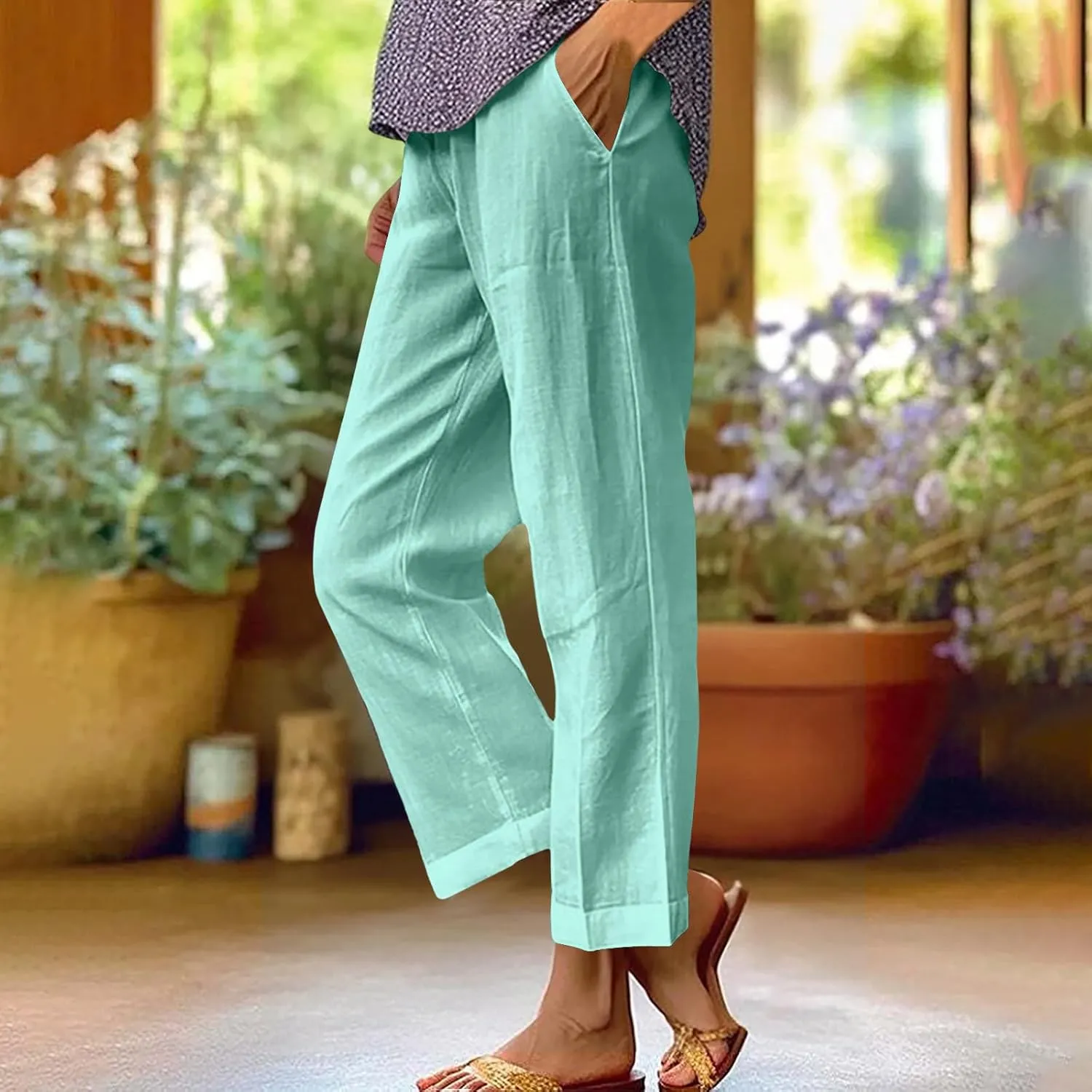TANGNADE Women's Summer Pants Casual Cotton Linen Wide Leg Cropped Palazzo Pant Loose Elastic Waist Beach Outfits Trendy
