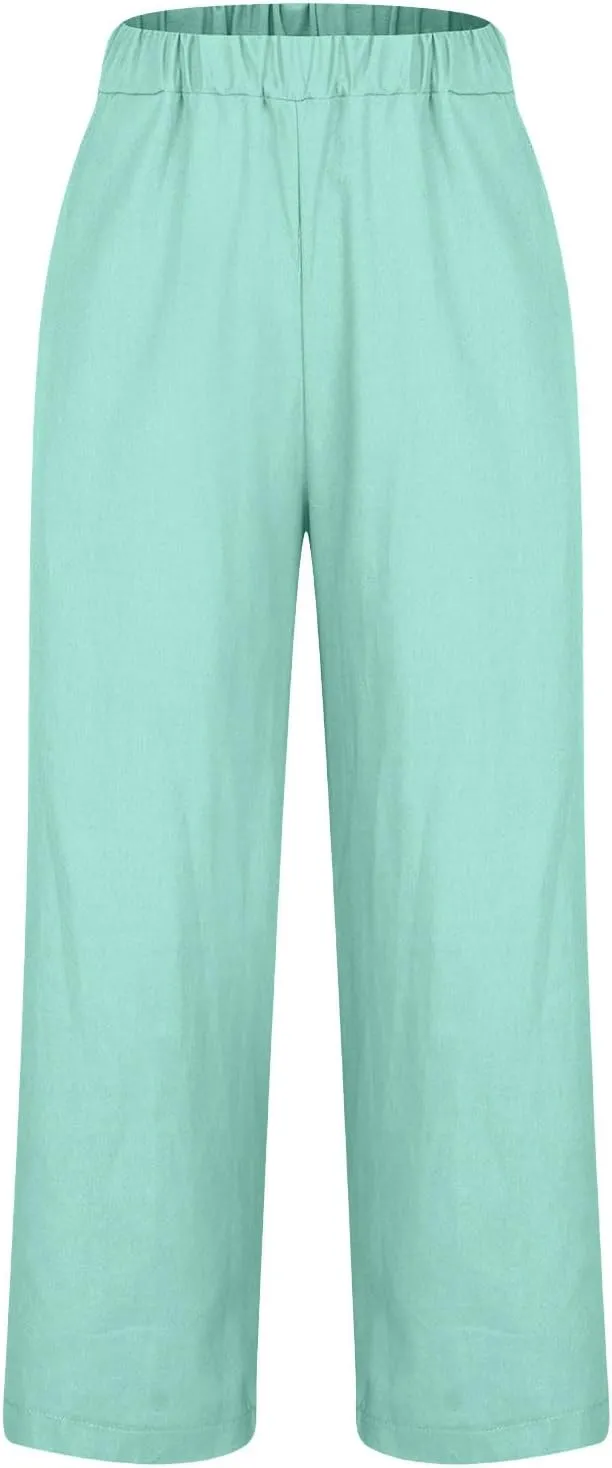 TANGNADE Women's Summer Pants Casual Cotton Linen Wide Leg Cropped Palazzo Pant Loose Elastic Waist Beach Outfits Trendy