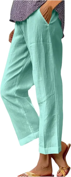 TANGNADE Women's Summer Pants Casual Cotton Linen Wide Leg Cropped Palazzo Pant Loose Elastic Waist Beach Outfits Trendy