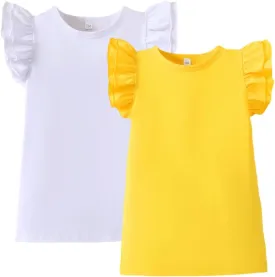 Toddler Baby Girl Shirt Outfit Solid Color Ruffle Flying Sleeve Cotton Tee Tops Kids Girl Blouse 1-7T