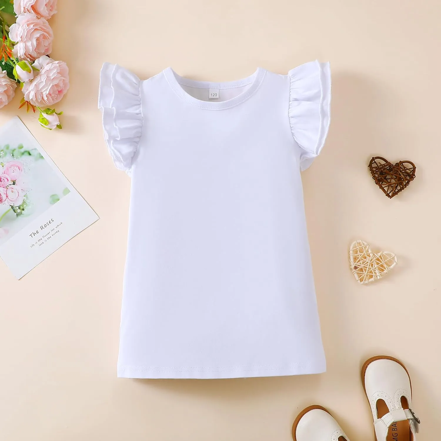 Toddler Baby Girl Shirt Outfit Solid Color Ruffle Flying Sleeve Cotton Tee Tops Kids Girl Blouse 1-7T
