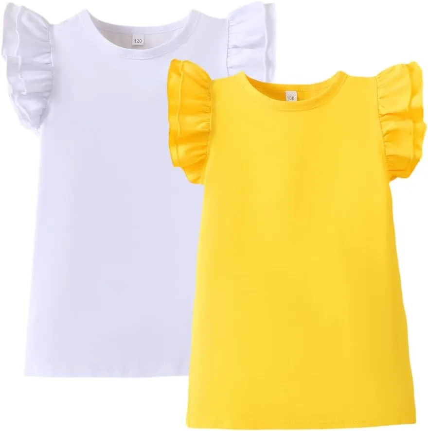 Toddler Baby Girl Shirt Outfit Solid Color Ruffle Flying Sleeve Cotton Tee Tops Kids Girl Blouse 1-7T