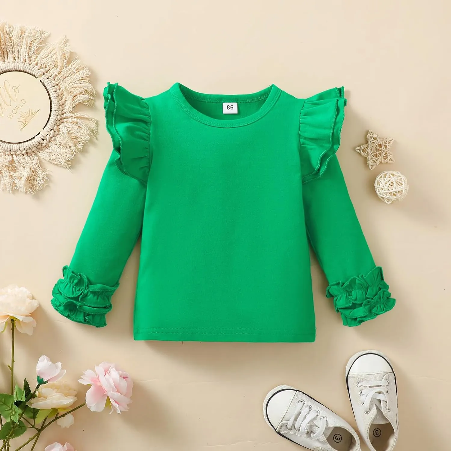 Toddler Girls Solid Color T-Shirt Kids Blouse Plain Ruffle Sleeve Top Baby Girl Cotton Casual Clothes
