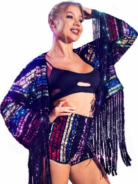 TWINKLEDE Sequin Jacket Sparkly Tassel Coat Long Sleeve Rainbow Bomber Clothing for Adult