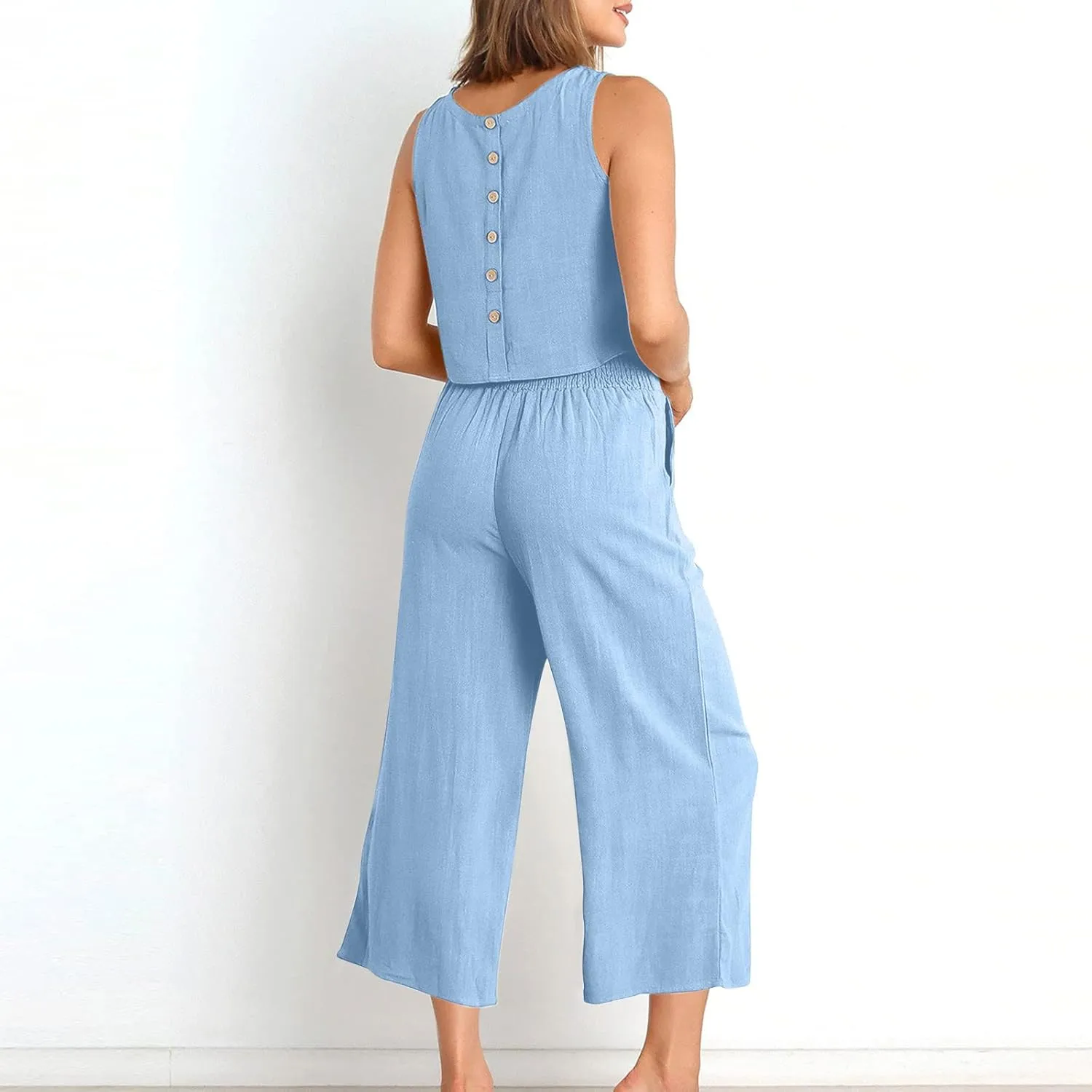 Two Piece Linen Sets for Women Pants Casual Dressy Outfit Sleeveless Crop Tank Wide Leg Pants Sets Matching Loungewear
