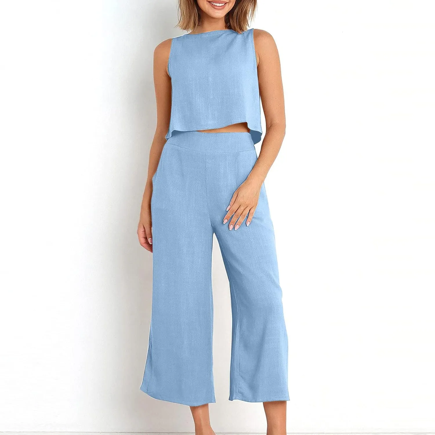 Two Piece Linen Sets for Women Pants Casual Dressy Outfit Sleeveless Crop Tank Wide Leg Pants Sets Matching Loungewear