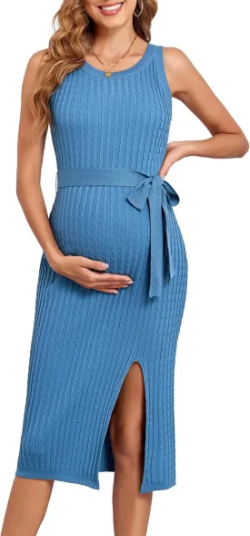 V FOR CITY Maternity Dress for Baby Shower Cable Knit Slit Pregnancy Dresses Casual Sleeveless Bodycon Pregnant Clothes