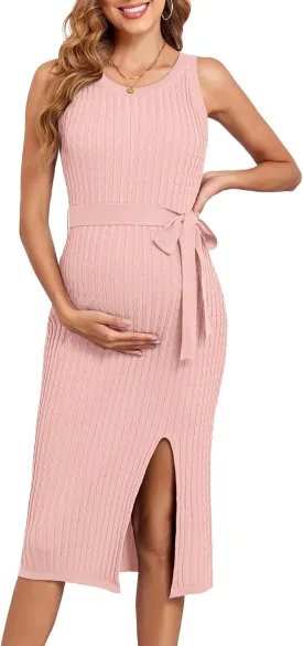V FOR CITY Maternity Dress for Baby Shower Cable Knit Slit Pregnancy Dresses Casual Sleeveless Bodycon Pregnant Clothes