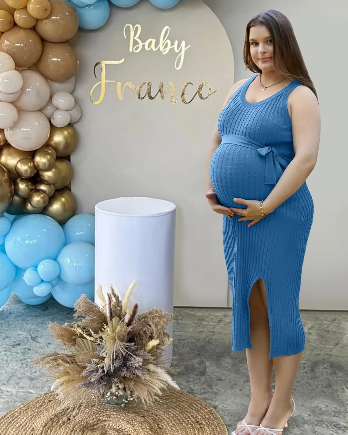 V FOR CITY Maternity Dress for Baby Shower Cable Knit Slit Pregnancy Dresses Casual Sleeveless Bodycon Pregnant Clothes