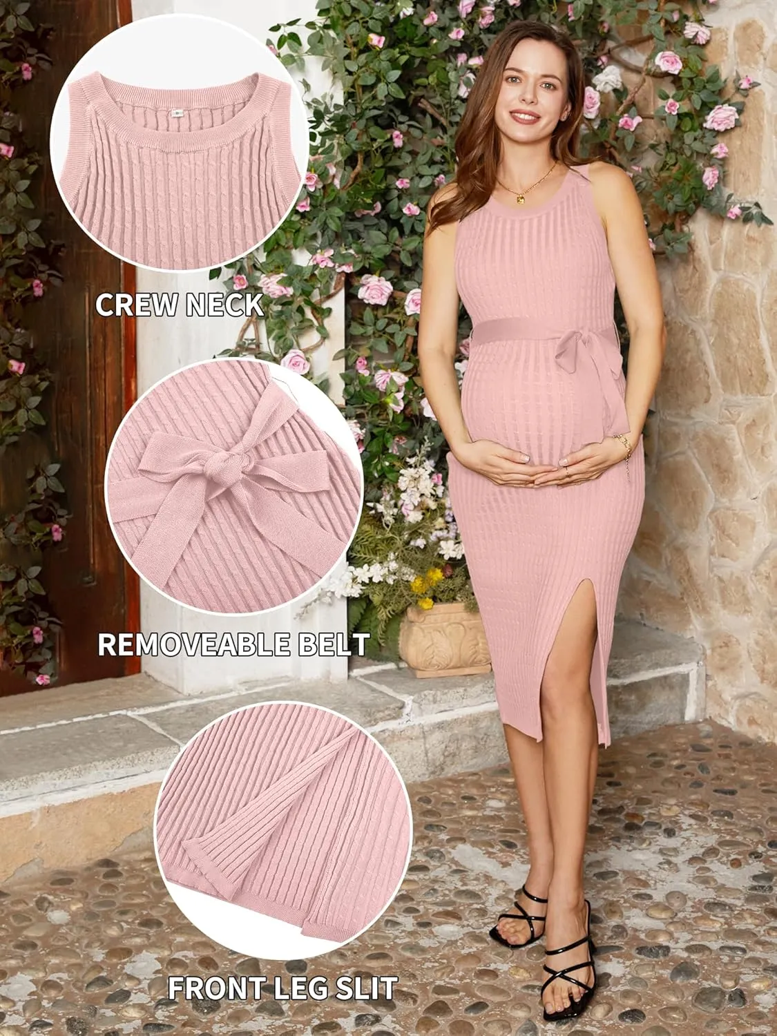 V FOR CITY Maternity Dress for Baby Shower Cable Knit Slit Pregnancy Dresses Casual Sleeveless Bodycon Pregnant Clothes