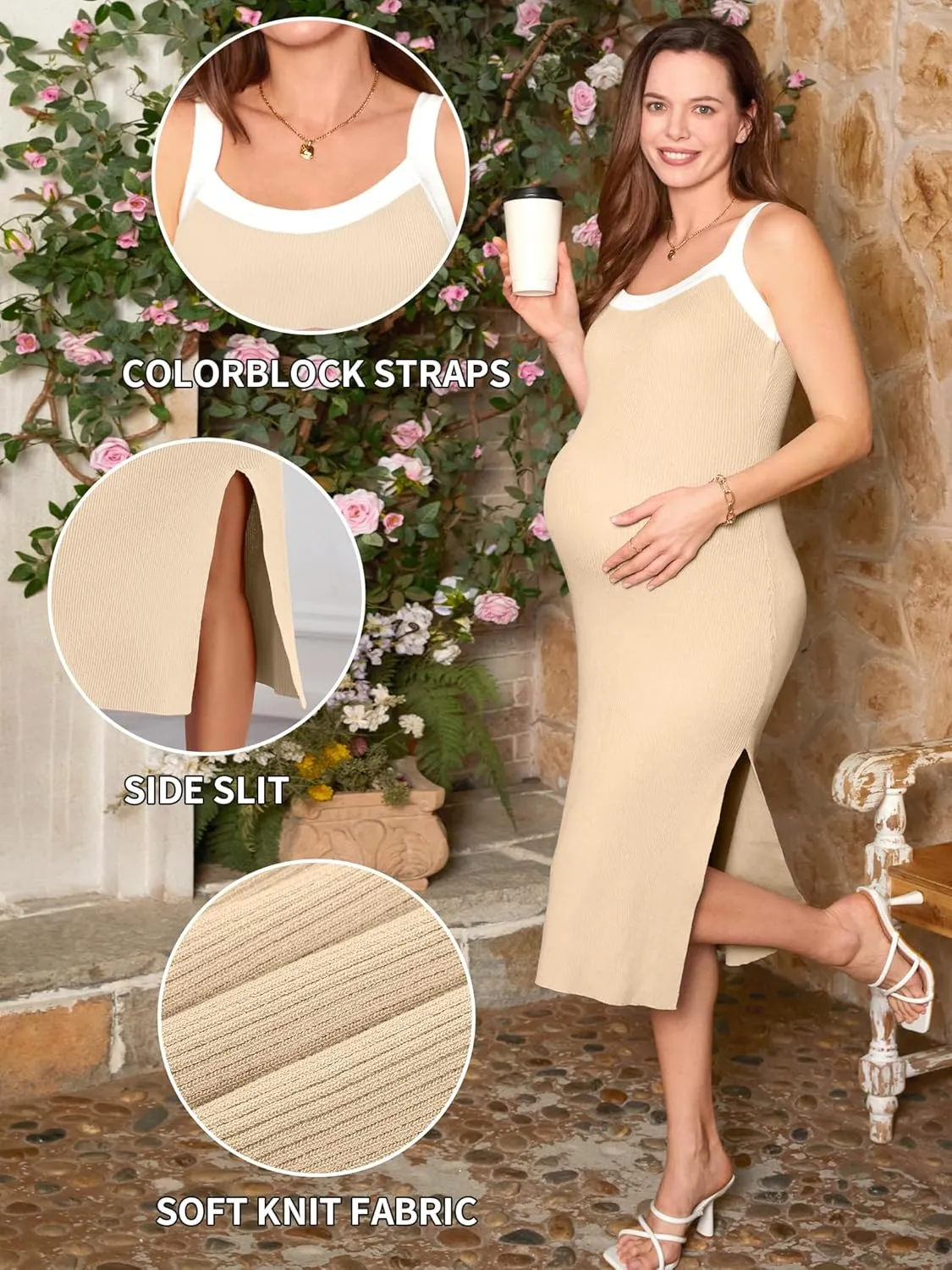 V FOR CITY Maternity Dresses Sleeveless Rib Knit Slit Baby Shower Dress Casual Square Neck Bodycon Pregnancy Outfits