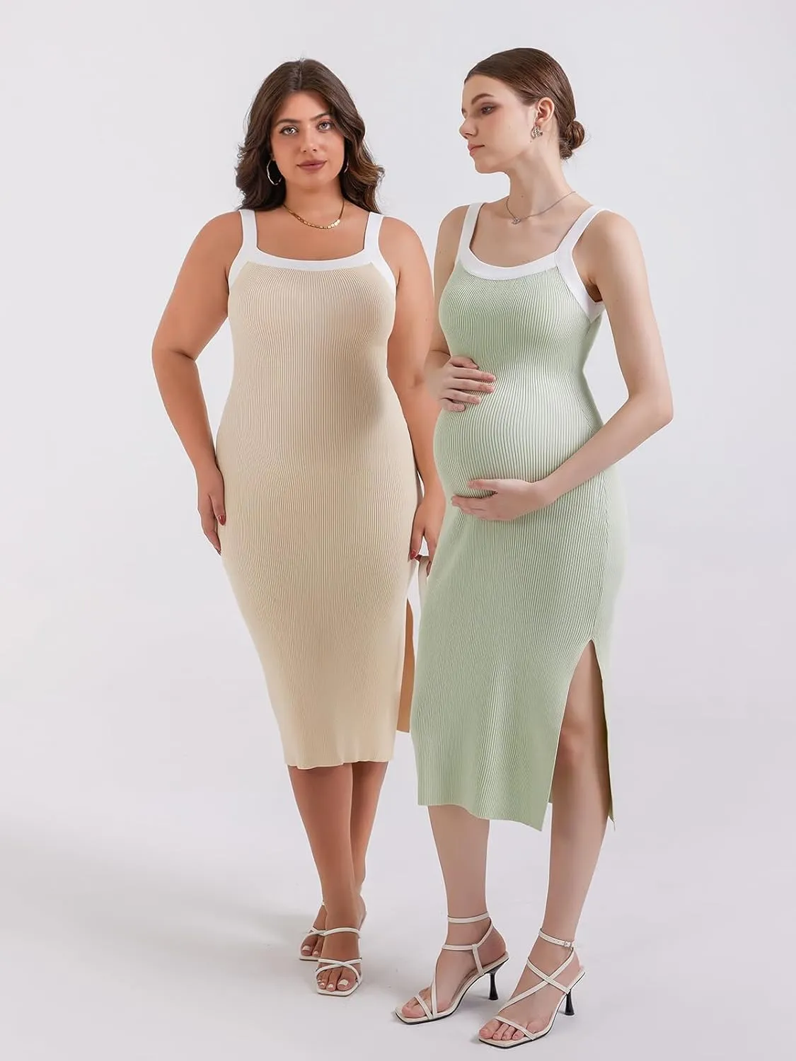 V FOR CITY Maternity Dresses Sleeveless Rib Knit Slit Baby Shower Dress Casual Square Neck Bodycon Pregnancy Outfits