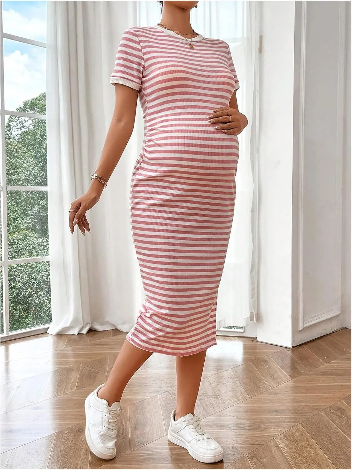Women's Casual Striped Maternity Dress Short Sleeve Sleeve Split Thigh Bodycon Dresses Pregnancy Clothes