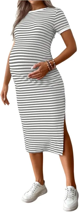 Women's Casual Striped Maternity Dress Short Sleeve Sleeve Split Thigh Bodycon Dresses Pregnancy Clothes