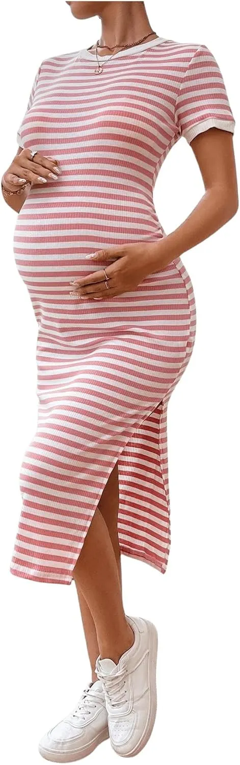 Women's Casual Striped Maternity Dress Short Sleeve Sleeve Split Thigh Bodycon Dresses Pregnancy Clothes