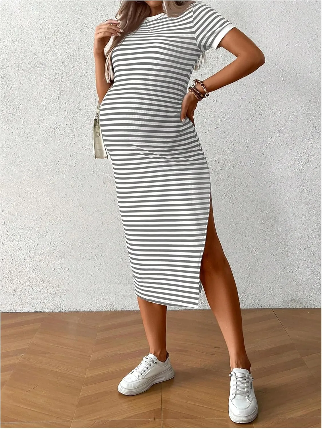 Women's Casual Striped Maternity Dress Short Sleeve Sleeve Split Thigh Bodycon Dresses Pregnancy Clothes