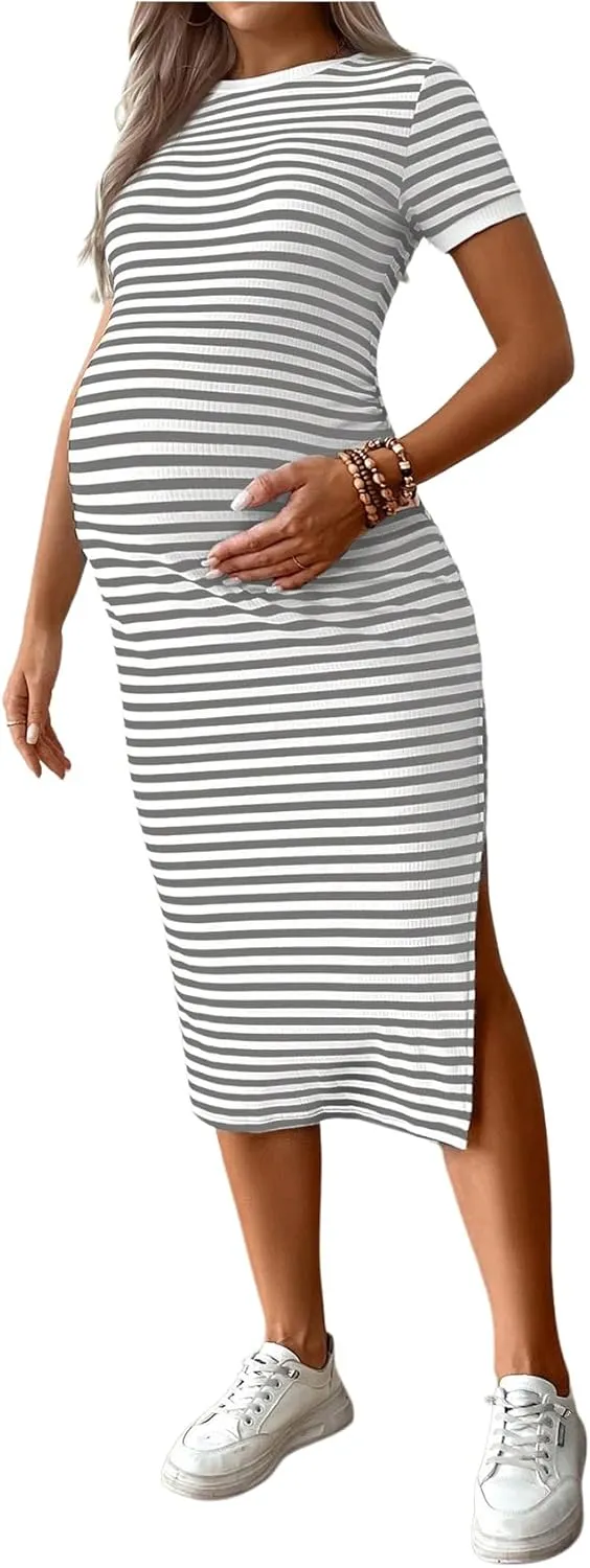 Women's Casual Striped Maternity Dress Short Sleeve Sleeve Split Thigh Bodycon Dresses Pregnancy Clothes