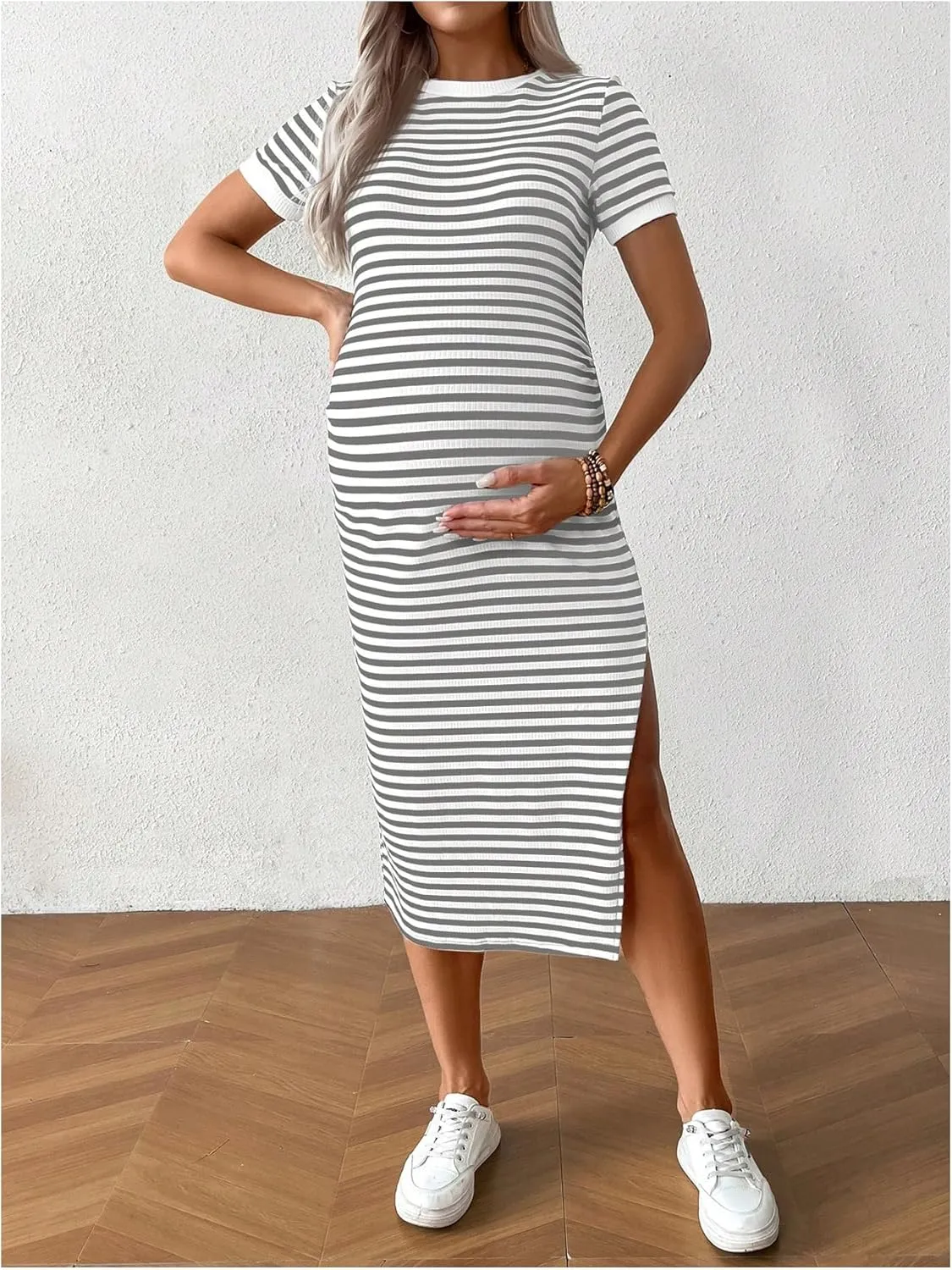 Women's Casual Striped Maternity Dress Short Sleeve Sleeve Split Thigh Bodycon Dresses Pregnancy Clothes