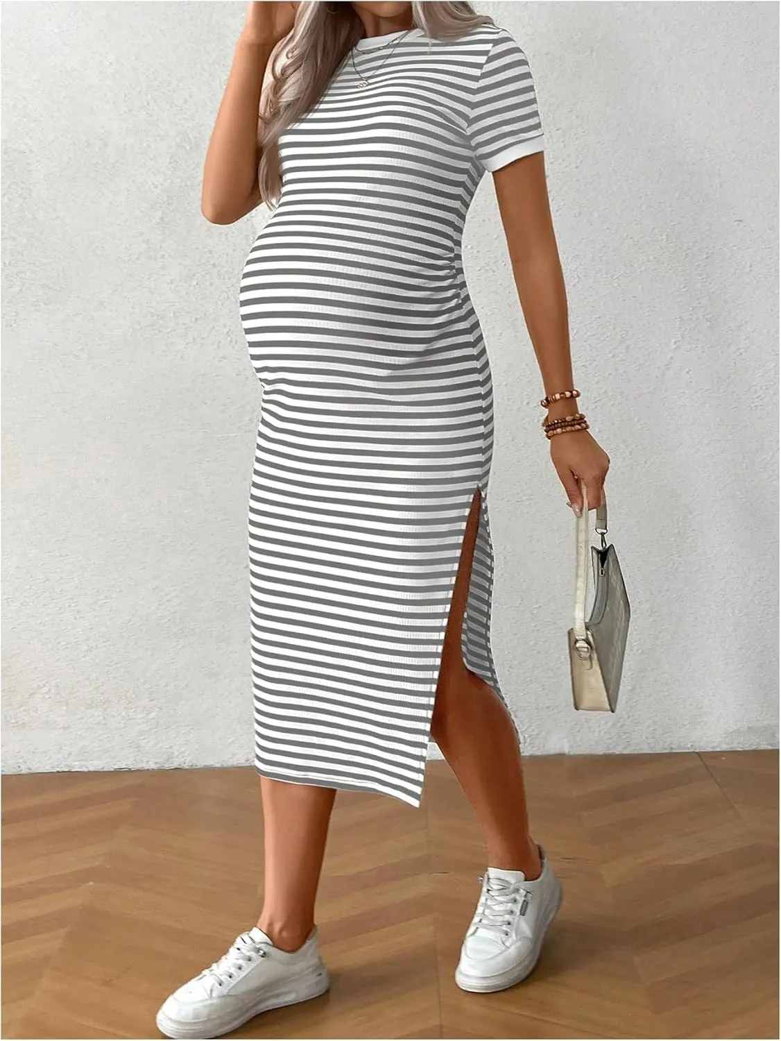 Women's Casual Striped Maternity Dress Short Sleeve Sleeve Split Thigh Bodycon Dresses Pregnancy Clothes