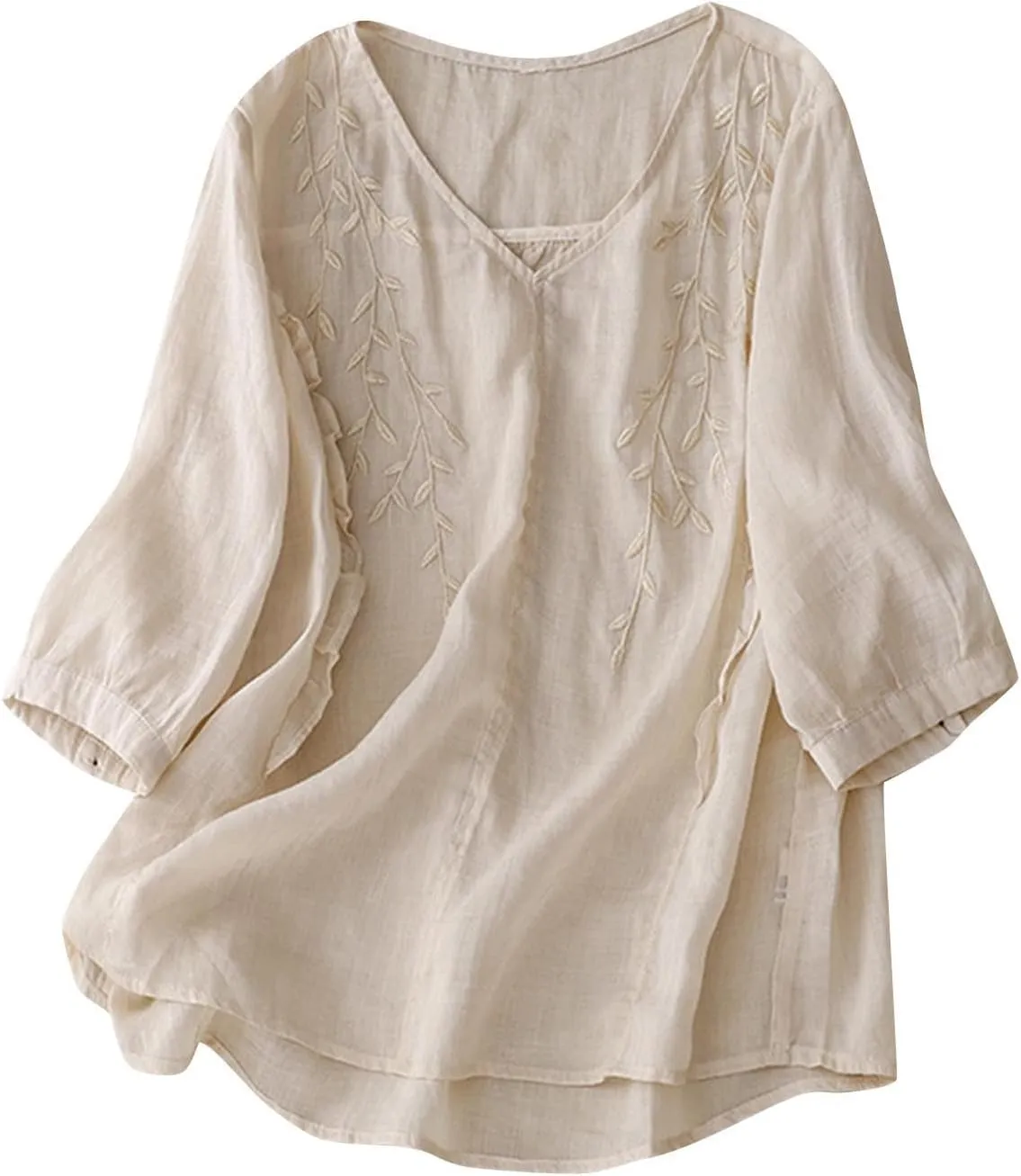 Women's Cotton Linen Button Short Sleeve Shirts Summer Loose Crew Neck Casual Boho Top Vintage Embroidered Blouse Tops