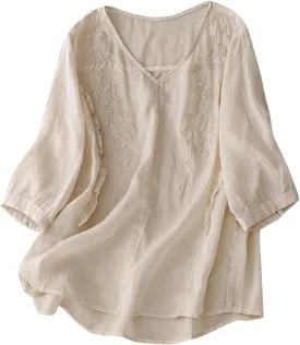 Women's Cotton Linen Button Short Sleeve Shirts Summer Loose Crew Neck Casual Boho Top Vintage Embroidered Blouse Tops