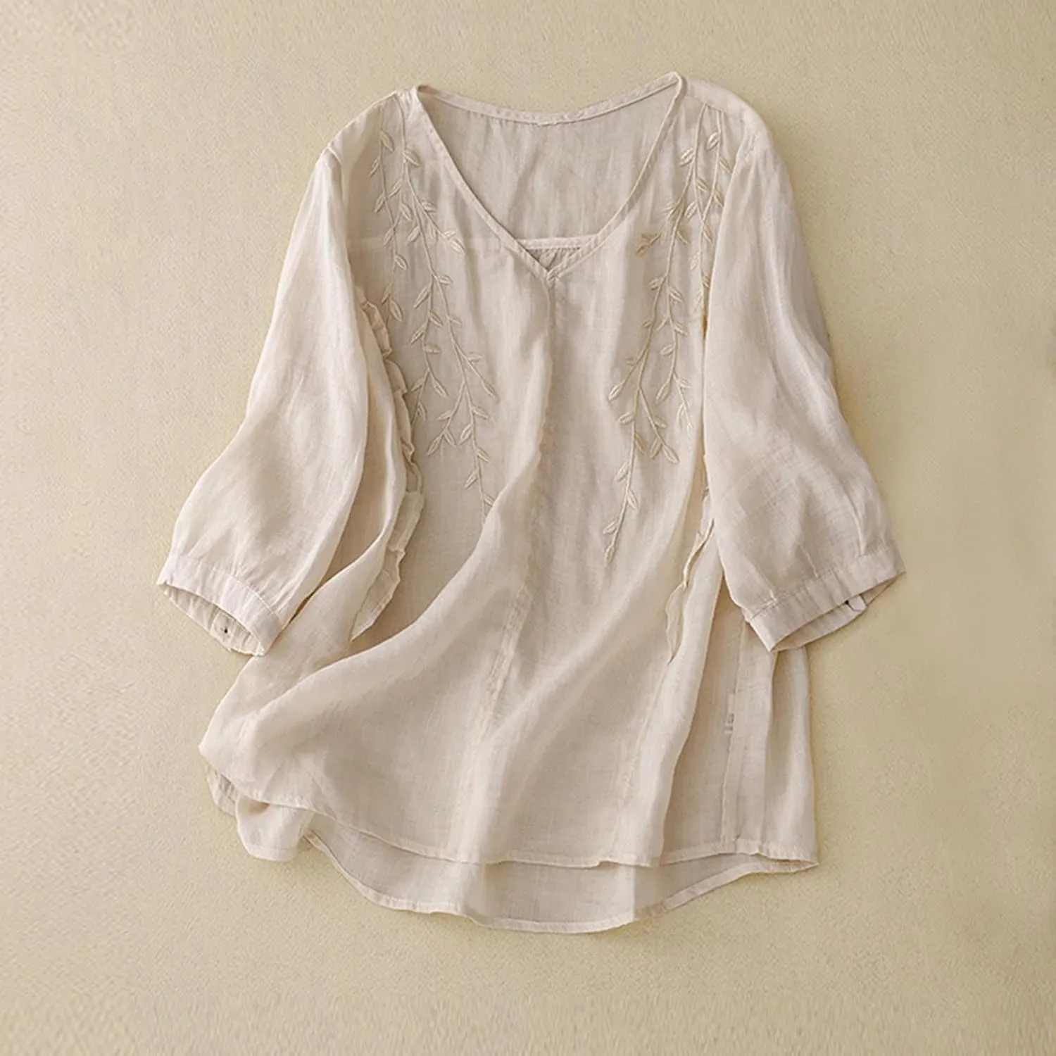 Women's Cotton Linen Button Short Sleeve Shirts Summer Loose Crew Neck Casual Boho Top Vintage Embroidered Blouse Tops