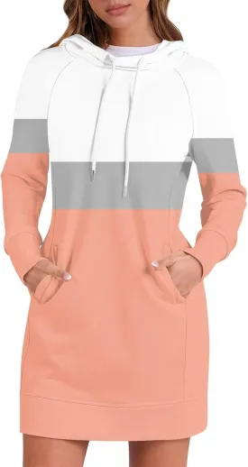 Women's Fall Flower Print Long Sleeve Tops Round Neck Patchwork Sweatshirt Casual Raglan Sleeve Hooded Dress 2024