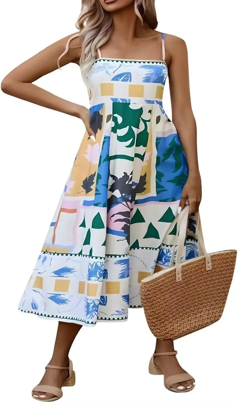 Womens Slip Boho Long Dresses Floral Spaghetti Strap Maxi Dress Summer Beach Daily Sundress with Plus Size